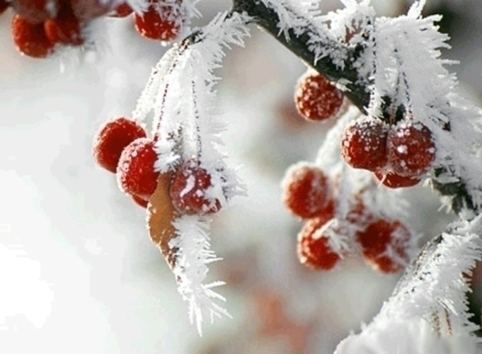 Červené plody na zasněžené větvi