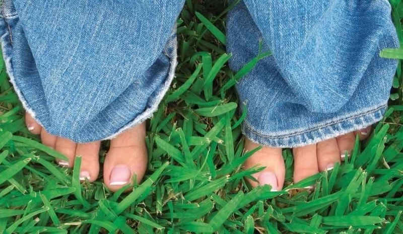 Bosé nohy na trávníku